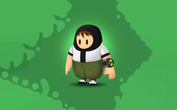 Fall Guys-style bean in a Ben 10 outfit wearing the Omnitrix on a green splatter background, 5K Ultra HD PC desktop wallpaper.