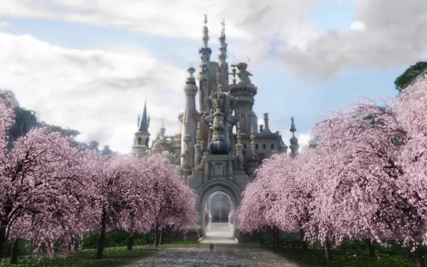 A stunning HD wallpaper featuring a fantastical castle surrounded by blooming cherry blossom trees, inspired by the movie Alice in Wonderland (2010).