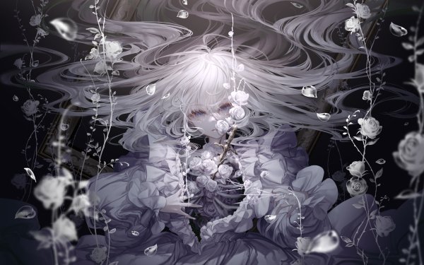 Anime Girl Blue Eyes Dress Flower Long Hair Underwater White Hair HD Wallpaper | Background Image