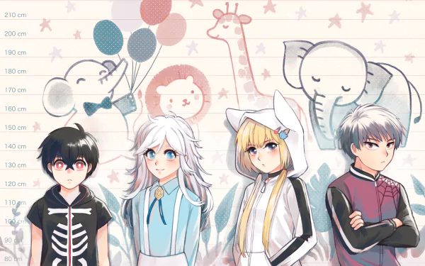 Anime-style 4K wallpaper featuring Shiki Tademaru, Kabane Kusaka, Akira, and Kon from Kemono Jihen, showcasing characters with black, blonde, and white hair, red and blue eyes, and hoodies.