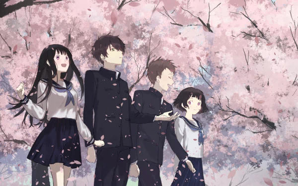Hyouka anime HD desktop wallpaper: Eru Chitanda, Hōtarō Oreki, Satoshi Fukube and Mayaka Ibara in school uniforms beneath pink sakura cherry blossoms; long black and brown hair, green and pink eyes.