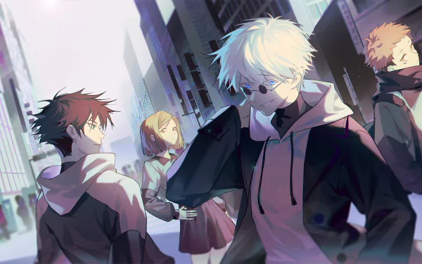 HD desktop wallpaper featuring characters from Jujutsu Kaisen: Satoru Gojo (white hair, blue eyes), Yuji Itadori (brown hair), Megumi Fushiguro (black hair), and Nobara Kugisaki (brown hair), all wearing hoodies.
