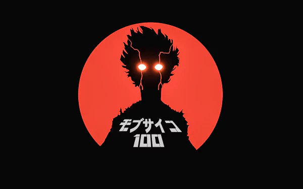 HD anime desktop wallpaper featuring a silhouette of Mob with glowing eyes and Japanese text from Mob Psycho 100 against a bold red circle background.