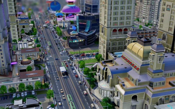 HD desktop wallpaper of SimCity BuildIt featuring a bustling virtual cityscape with streets, buildings, and vehicles.