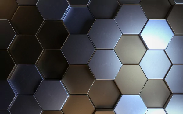 3D abstract pattern of interlocking hexagon shapes with a metallic sheen, presented in a high-resolution 4K Ultra HD PC desktop wallpaper background.