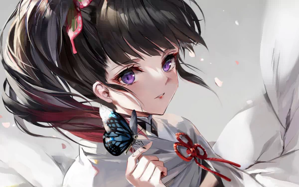 HD desktop wallpaper featuring Kanao Tsuyuri from the anime Demon Slayer: Kimetsu no Yaiba, showcasing her with purple eyes, holding a butterfly, against a soft background.