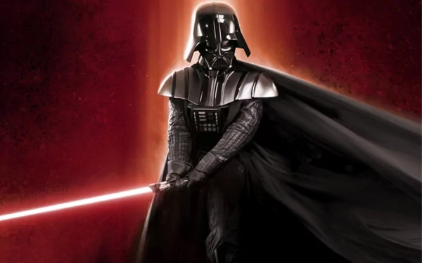 HD desktop wallpaper of Darth Vader from Star Wars, wielding a red lightsaber. The dark figure is donned in a black helmet, mask, and cape, set against a red background.