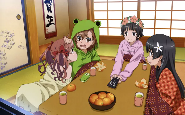 5K Ultra HD PC desktop wallpaper: Kazari Uiharu, Kuroko Shirai, Ruiko Saten and Mikoto Misaka from the anime A Certain Scientific Railgun, sitting around a low table in a cozy tatami room.