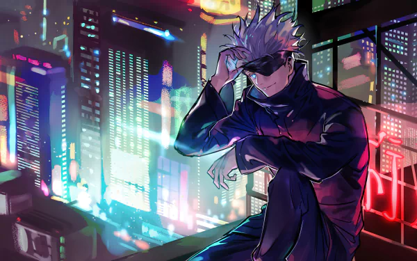 Satoru Gojo from Jujutsu Kaisen in a school uniform and blindfold, with striking blue eyes and white hair, set against a vibrant cityscape at night in 4K Ultra HD.