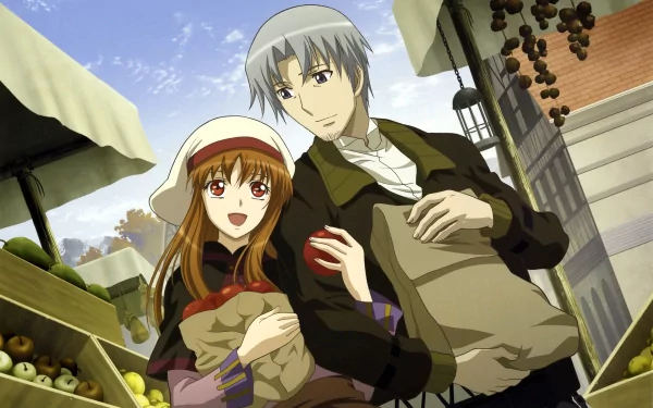Holo and Kraft Lawrence from *Spice and Wolf* share a joyful moment at a market, surrounded by fresh produce in this vibrant HD anime wallpaper.