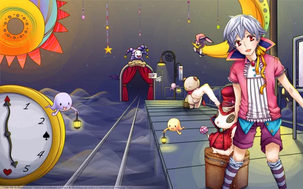 Anime Karneval HD PC desktop wallpaper/background — surreal carnival corridor with giant clock, floating lantern-creatures and stars, silver-haired youth in colorful outfit holding a mask and plush rabbit.