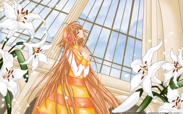 HD PC desktop wallpaper of anime Kobato in a sunlit glass atrium, long flowing hair and orange dress, surrounded by white lilies, looking upward.