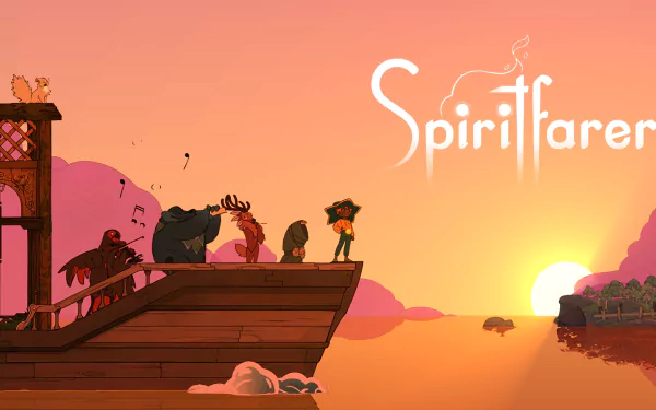 HD desktop wallpaper of Spiritfarer game with characters on a boat at sunset.