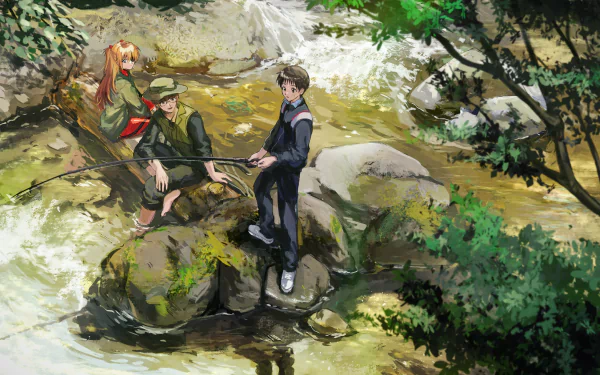 Anime-style HD wallpaper featuring Shinji Ikari, Asuka Langley Sohryu, and Kensuke Aida fishing by a flowing stream surrounded by lush greenery and rocks.