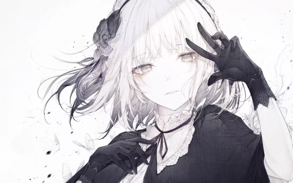 Anime girl with short grey hair and delicate butterfly accents, depicted in a detailed 4K Ultra HD PC desktop wallpaper style.