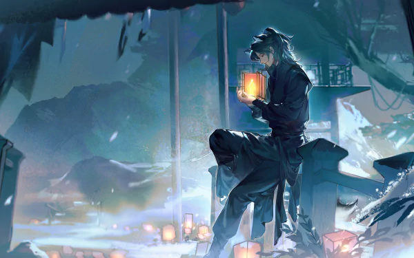 Mo Ran from The Husky and His White Cat Shizun anime, depicted in a dark, atmospheric 4K Ultra HD PC desktop wallpaper scene holding a glowing lantern.