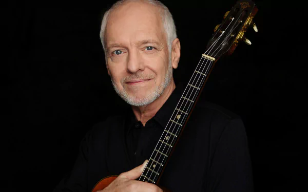 A man holding a guitar poses for an HD desktop wallpaper and background.