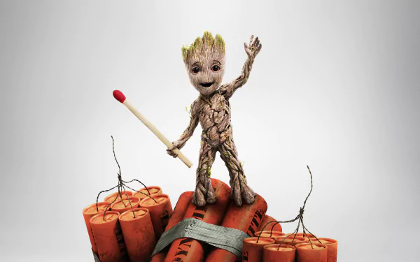 Baby Groot from Guardians of the Galaxy Vol. 2 stands on a bundle of dynamite, holding a matchstick, captured in a 4K Ultra HD PC desktop wallpaper.