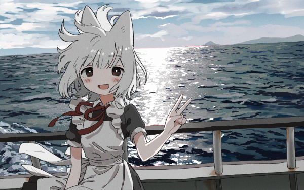 Anime Girl Animal Ears Maid Ocean Short Hair Brown Eyes HD Wallpaper | Background Image