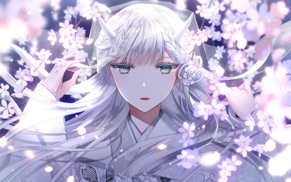 Anime Girl Long Hair White Hair Green Eyes Horns Cherry Blossom HD Wallpaper | Background Image