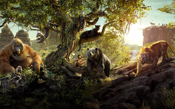 HD desktop wallpaper featuring characters from The Jungle Book (2016) movie, set in a lush jungle with Mowgli, Baloo, Bagheera, Shere Khan, King Louie, Kaa, and other animals against a scenic backdrop.