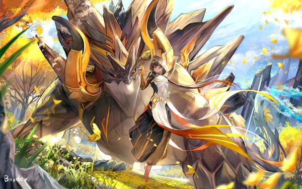 4K Ultra HD Genshin Impact desktop wallpaper featuring Rex Lapis Zhongli standing beside the towering dragon Azhdaha in a vibrant, sunlit landscape.