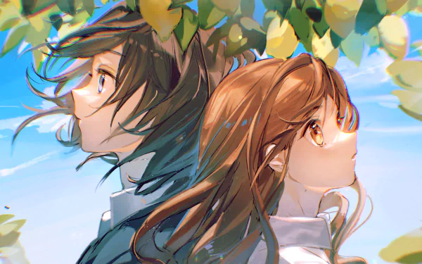 HD anime desktop wallpaper featuring Izumi Miyamura and Hori Kyouko from Hori-san to Miyamura-kun, with detailed shading and vibrant foliage in the background.