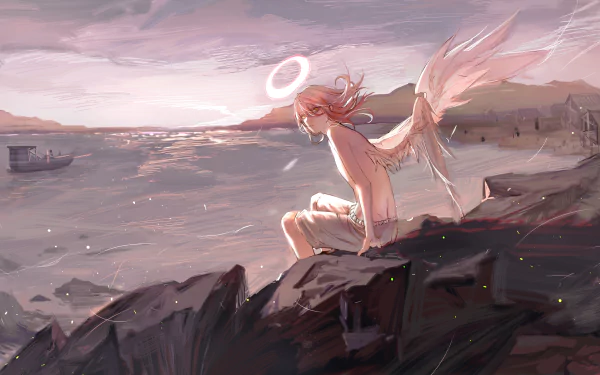 A 4K Ultra HD anime wallpaper featuring Angel Devil from Chainsaw Man, sitting on rocks by the sea with wings and a glowing halo at sunset.