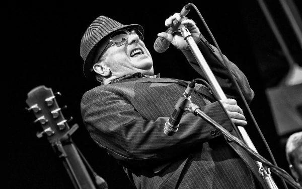 Black and white HD wallpaper of a singer performing on stage with a microphone, wearing a suit and hat, conveying a sense of soulful music.