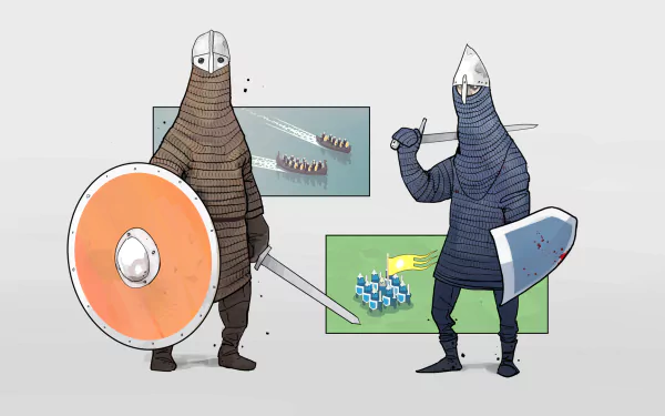 HD desktop wallpaper featuring stylized warriors from Bad North game with a strategic battle scene in the background.