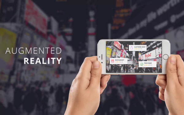 Hands holding a smartphone that displays augmented reality information over a bustling city street scene, tagged as a high-definition desktop wallpaper and background for augmented reality enthusiasts.
