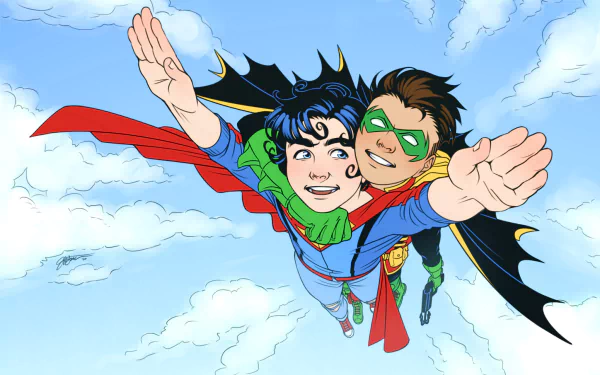 smile black hair mask blue eyes DC Comics cape flying Jon Kent Damian Wayne Robin (DC Comics) Superboy Comic Super-Sons HD Desktop Wallpaper | Background Image