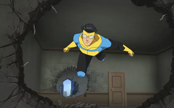HD PC desktop wallpaper: Mark Grayson from Invincible bursts through a wall mid-flight in his yellow-and-blue suit, debris scattering in a ruined room — TV show background.