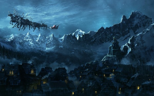 Holiday Christmas Santa Sleigh Reindeer Mountain Fog Night Village HD Wallpaper | Background Image
