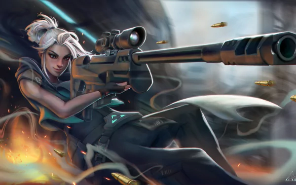 4K Ultra HD PC desktop wallpaper of Jett from Valorant: poised with a sniper rifle amid flying casings and smoke, dynamic video game action scene.