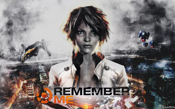 HD PC desktop wallpaper featuring Nilin from the video game Remember Me, set against a dark, futuristic cityscape with the game's logo prominently displayed.