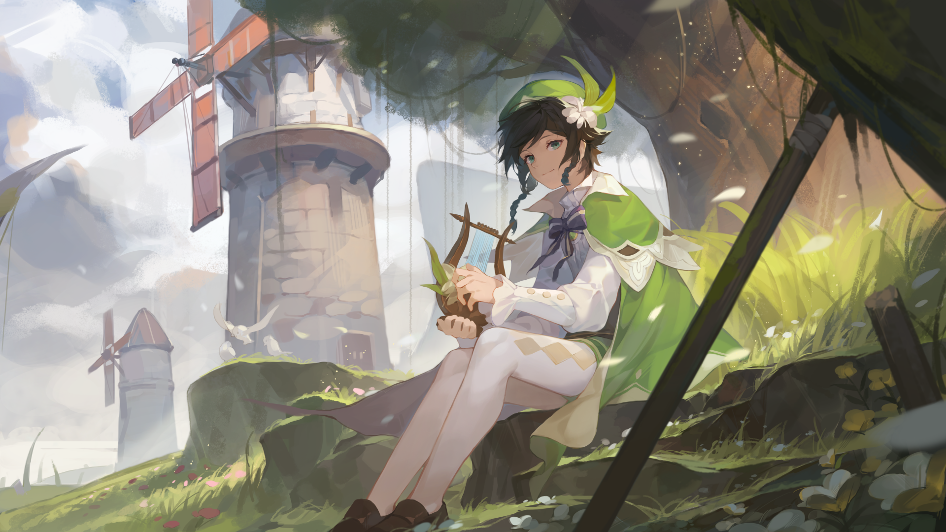 Venti from Genshin Impact sits playing a lyre under a tree near windmills in a vibrant 4K Ultra HD video game desktop wallpaper.