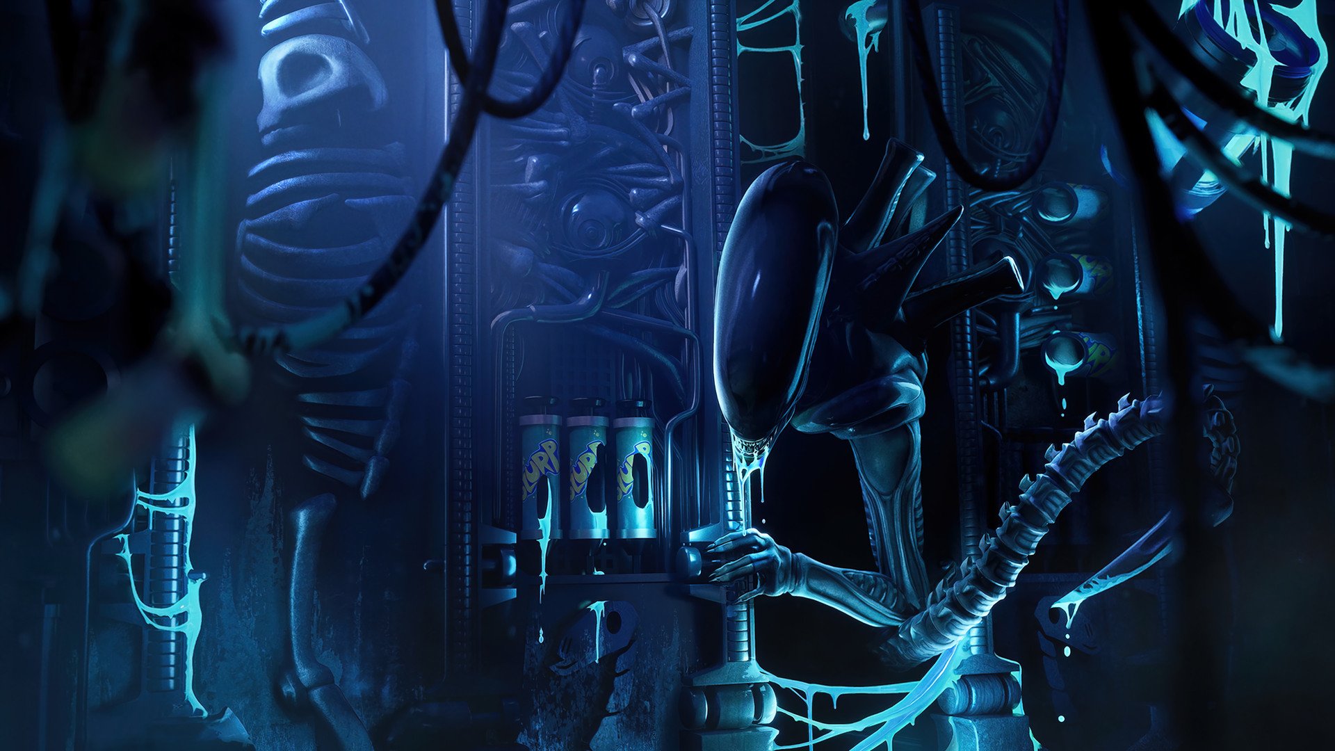 HD PC desktop wallpaper featuring a detailed xenomorph from the video game Fortnite in a dark, sci-fi environment filled with mechanical and organic elements.