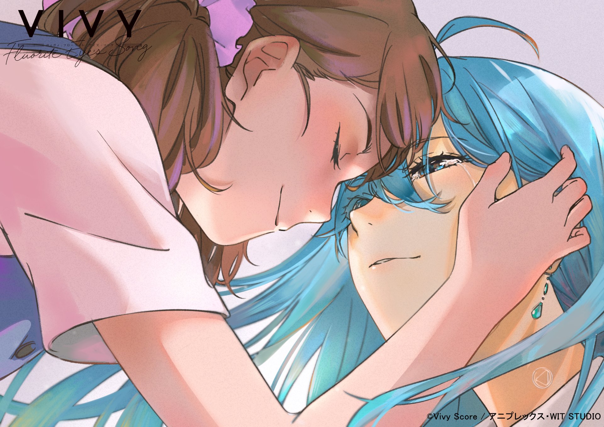 Close-up of Momoka Kirishima gently embracing Vivy from the anime Vivy: Fluorite Eye's Song, rendered in a detailed 4K Ultra HD PC desktop wallpaper style.