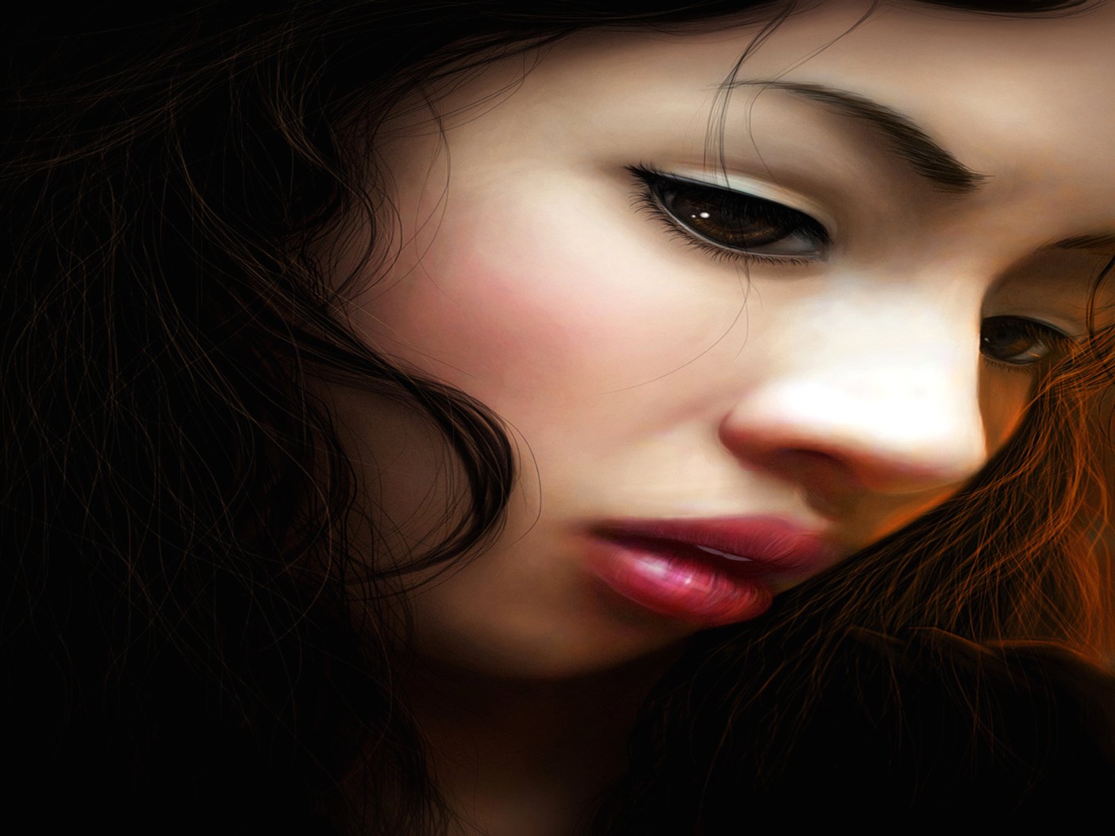 HD artistic wallpaper of a woman's face with a thoughtful expression, detailed makeup, and flowing dark hair.