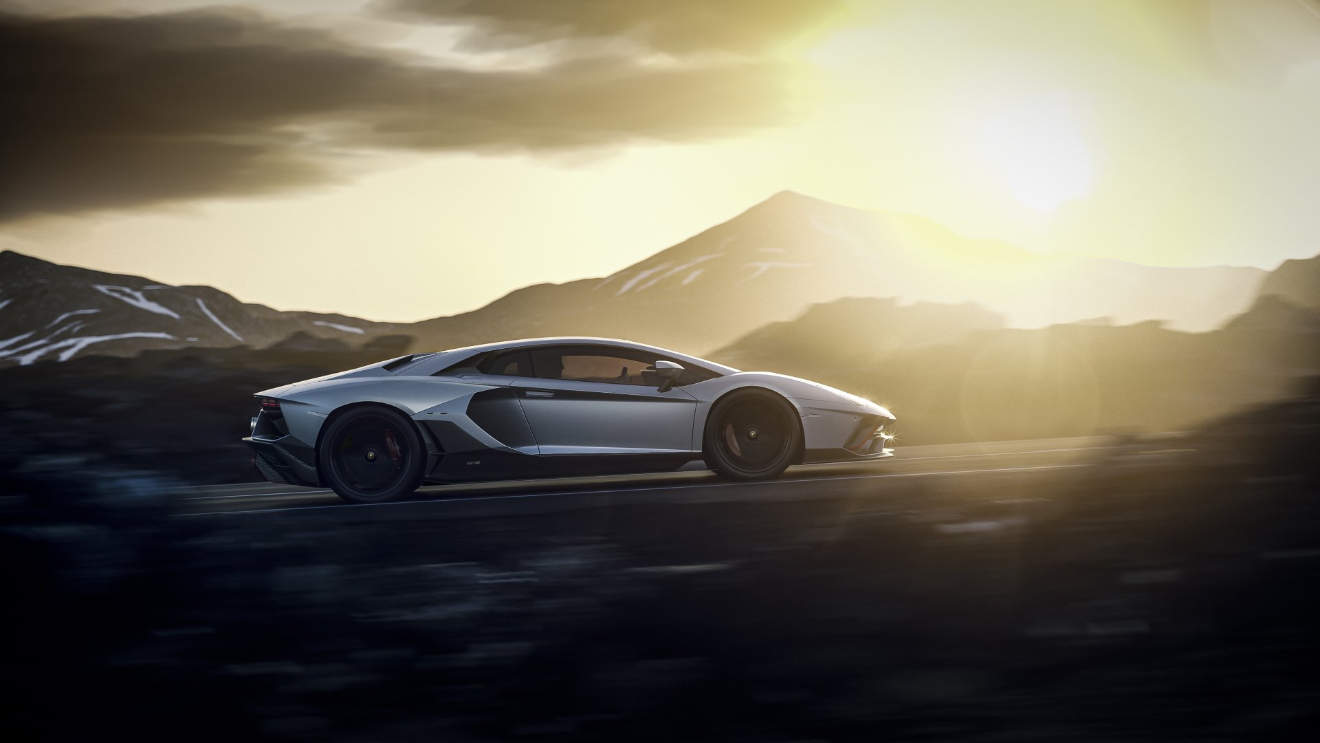 Silver Lamborghini Aventador LP 780-4 Ultimae supercar on a mountain road at sunrise, dramatic lighting — 4K Ultra HD PC desktop wallpaper background.