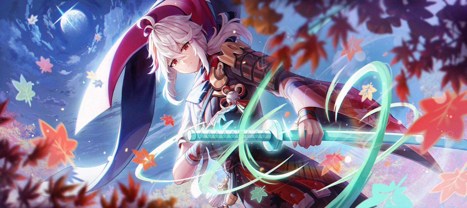 HD PC desktop wallpaper featuring Kaedehara Kazuha from Genshin Impact, showcasing him with a glowing sword amid swirling autumn leaves and a vibrant, dynamic background.