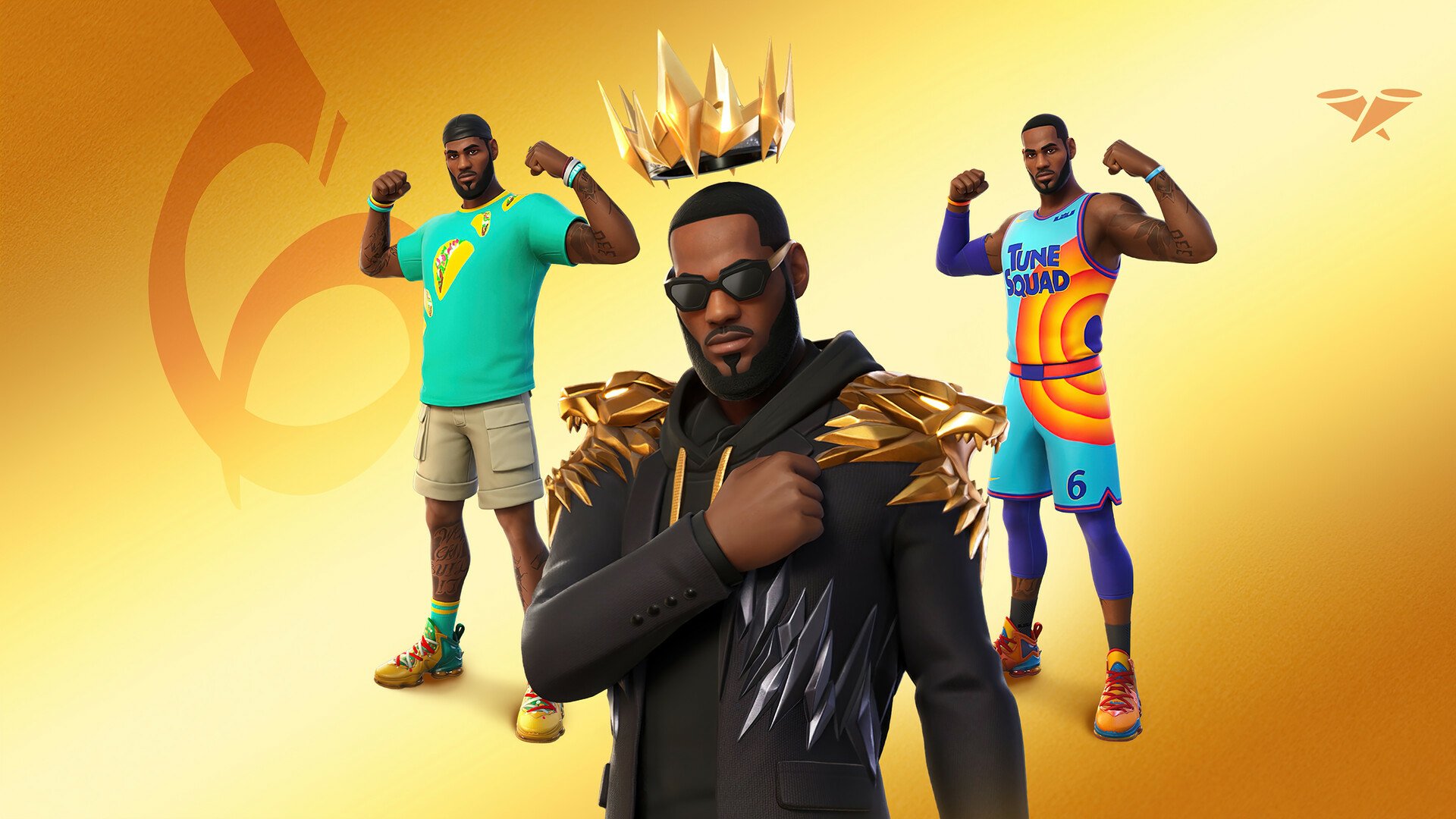 HD PC desktop wallpaper featuring LeBron James in Fortnite, showcasing three distinct character skins against a vibrant orange background.