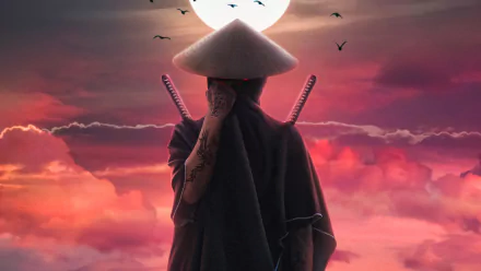 A fantasy warrior ninja wearing an Asian conical hat with visible tattoos, standing against a dramatic sunset sky with a full moon and birds flying.