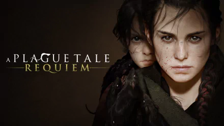 HD desktop wallpaper of Hugo and Amicia de Rune from the video game A Plague Tale: Requiem, featuring a dark, intense close-up with the game title on the left.