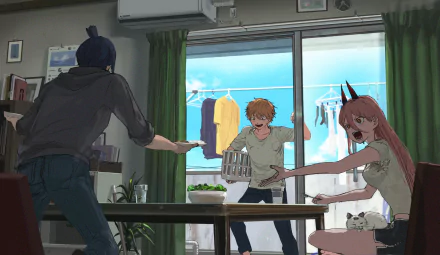 HD wallpaper featuring Chainsaw Man characters Aki Hayakawa, Power, and Denji in a lively scene. Denji is joyfully bringing a can pack while Aki and Power are interacting at a table in a sunlit room.