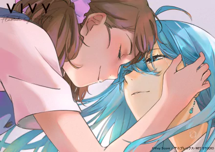 Close-up of Momoka Kirishima gently embracing Vivy from the anime Vivy: Fluorite Eye's Song, rendered in a detailed 4K Ultra HD PC desktop wallpaper style.