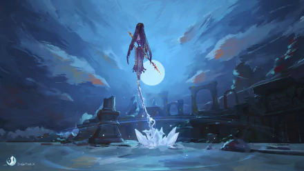 HD desktop wallpaper of Rosaria from the video game Genshin Impact, featuring a dramatic moonlit scene with ancient ruins and a snowy landscape.