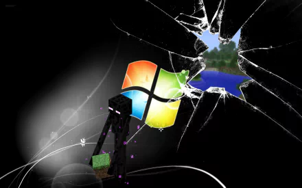 HD Minecraft Enderman desktop wallpaper featuring a shattered screen effect with Windows logo and scenic background.