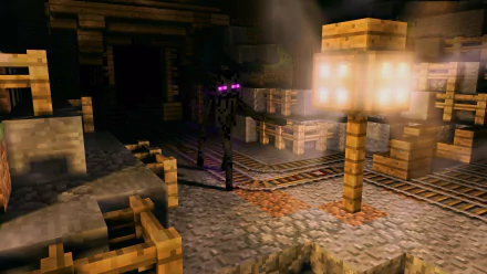 HD Minecraft wallpaper featuring an Enderman in a dimly lit mineshaft with glowing blocks and wooden structures.